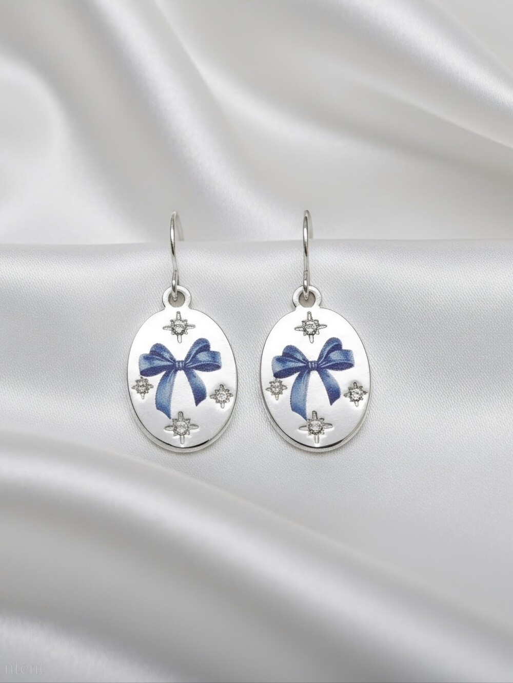 Blue Bow Oval Drop Earrings - Women's Silver Tone Jewelry